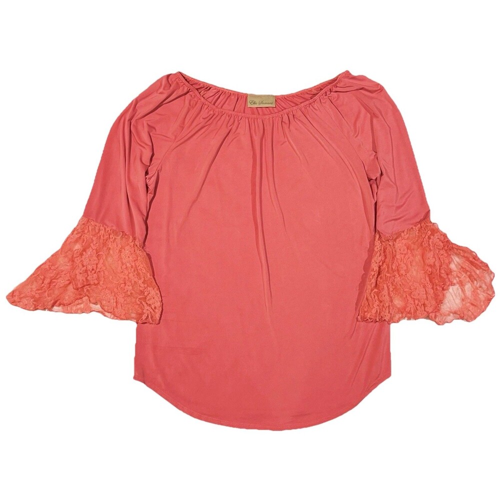 Ella Samani Vintage Blouse Top Women L Coral Pink Lace Sleeves Stretch USA Made